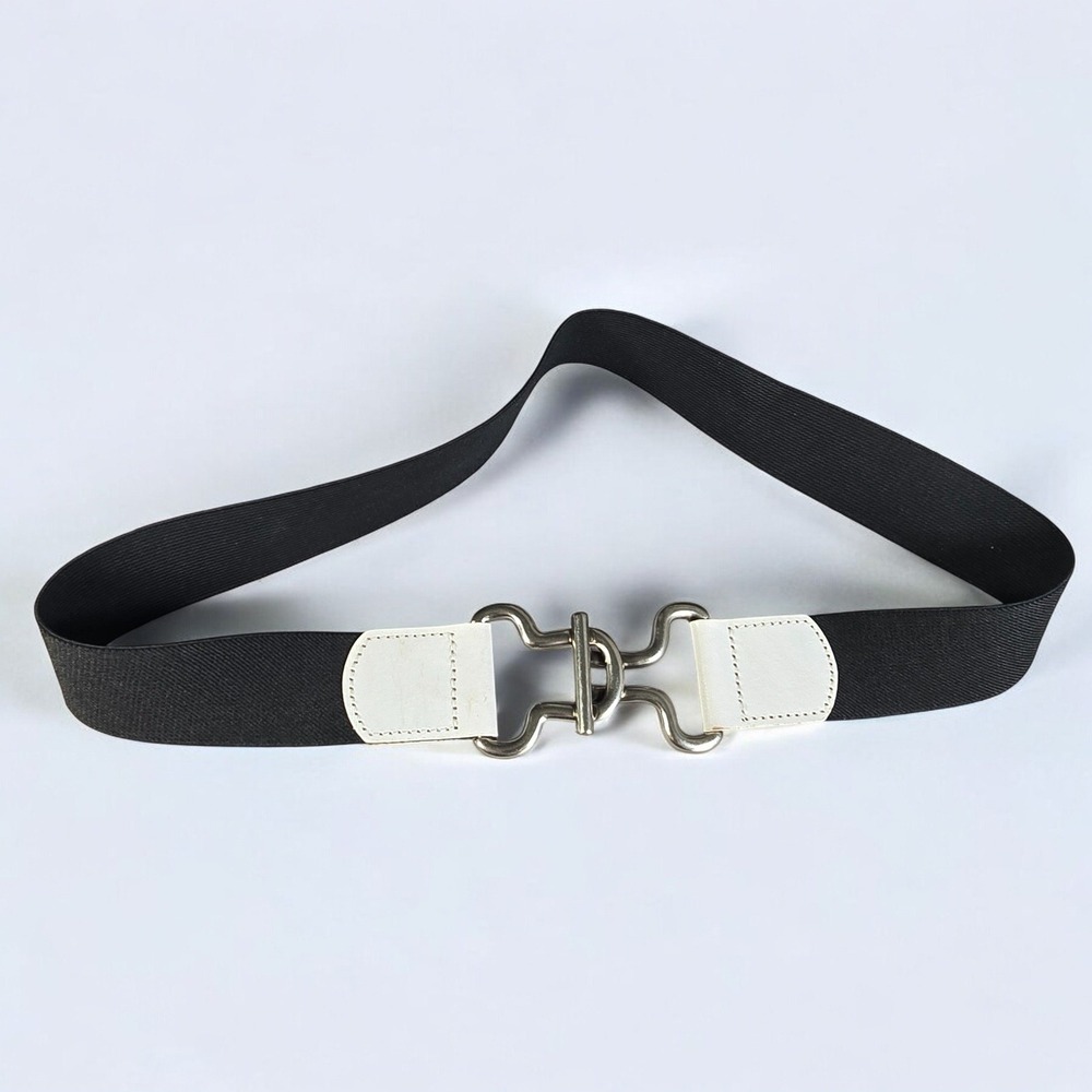 Black Elastic Equestrian Belt White Leather‎ Tabs Silver Tone Buckle Woman M/L